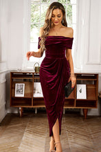 Load image into Gallery viewer, Velvet Off The Shoulder Ruched Fit Dress Wine Red