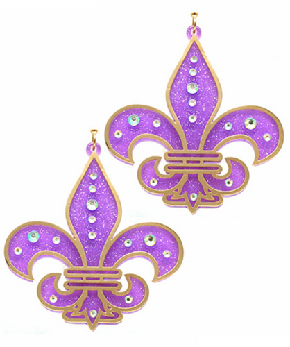 Mardi Gras Glitter Bling Fleur De Lis Drop Earrings Purple