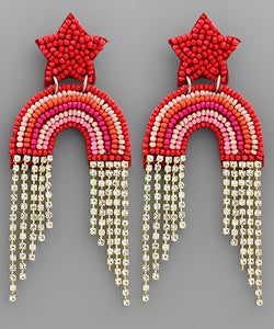 Crystal Fringe Beaded Rainbow Star Earrings Pink/Red