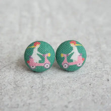 Load image into Gallery viewer, Pink Scooter Fabric Covered Button Earrings