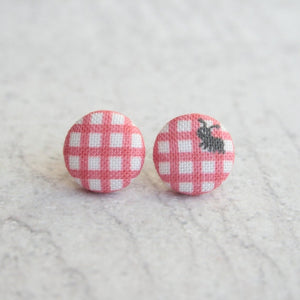 Summer Picnic Red Gingham Ant Fabric Covered Button Earrings