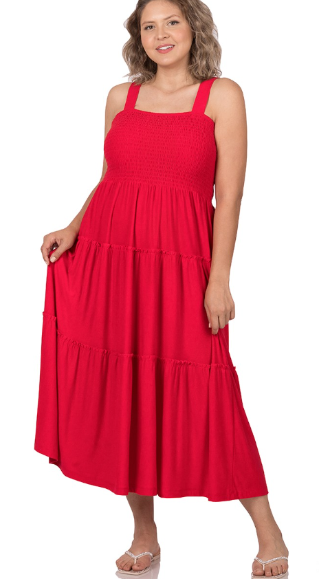 Smocked Tiered Midi Dress Ruby Red – Pinup Parlor Boutique