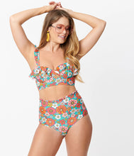 Load image into Gallery viewer, Unique Vintage Cape May Retro Floral Swim Bottom Turquoise/Orange