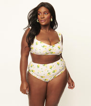 Load image into Gallery viewer, Unique Vintage Sleeved Scallop Lemon Print Striped Swim Top Pink