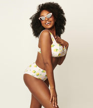 Load image into Gallery viewer, Unique Vintage Sleeved Scallop Lemon Print Striped Swim Top Pink