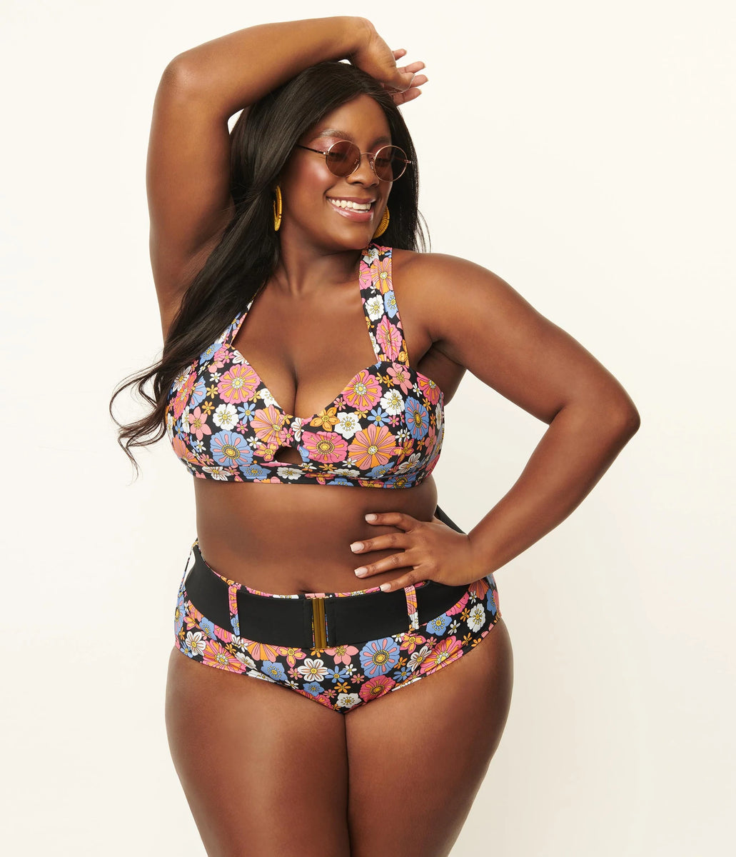 今話題のアイテムを Unique Black/Purple Top Swim Floral Retro Vintage 水着・ラッシュガード