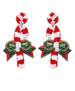 Candy Cane Seed Bead Beaded Earrings Green/Red/White