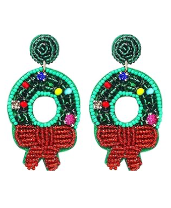 Christmas Wreath Seed Bead Beaded Earrings Green