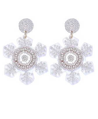 Crystal Snowflake Seed Bead Beaded Earrings Silver/White