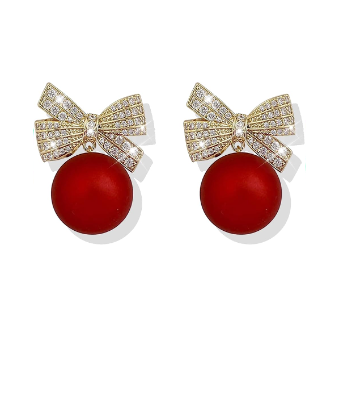 Crytsal Bow Red Pearl Drop Earrings Red