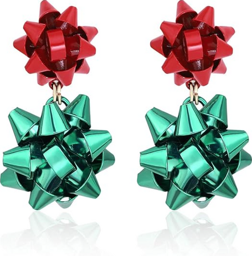 Double Christmas Bow Dangle Earrings Green/Red