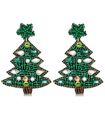 Green Bling Christmas Tree Seed Bead Beaded Earrings