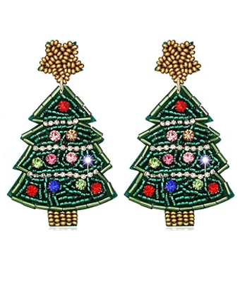 Green Ornament Bling Christmas Tree Seed Bead Beaded Earrings