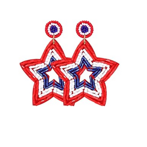 Patriotic Hollow Star Seed Bead Beaded Earrings Red/White/Blue