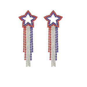 Patriotic Star Crystal Bling Fringe Earrings Red/White/Blue