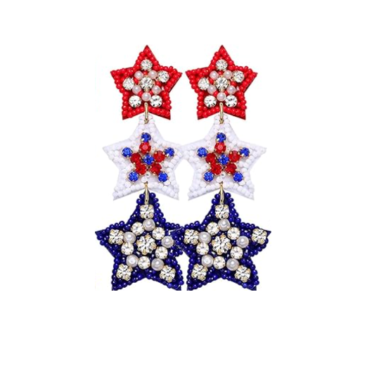 Patriotic Triple Star Pearl Bling Seed Bead Beaded Earrings Red/White/Blue