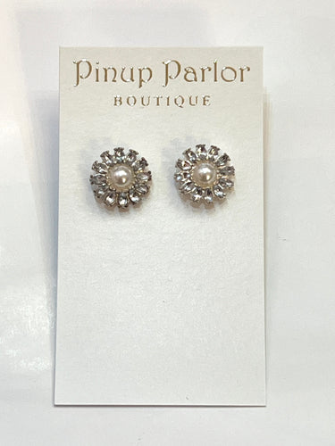 Pearl & Crystal Flower Stud Earrings Silver