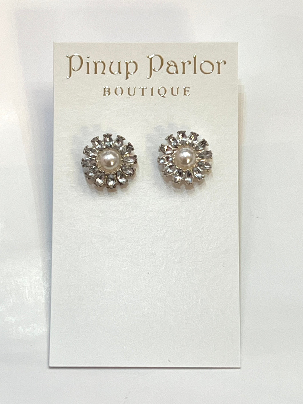 Pearl & Crystal Flower Stud Earrings Silver