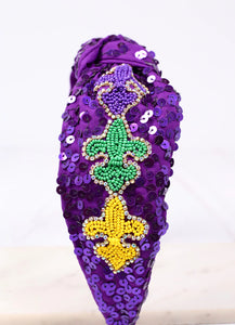 Life Of The Mardi Sequin Seed Bead Beaded Headband Purple