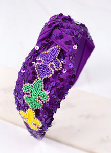 Life Of The Mardi Sequin Seed Bead Beaded Headband Purple