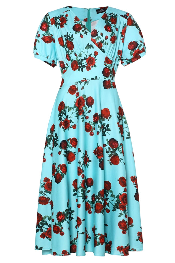 fitted lace wedding dress Dolly & Dotty Julia Red Rose Print Dress Turquoise