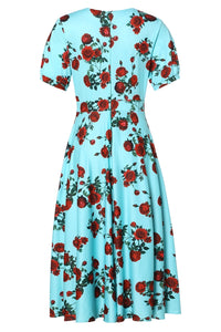 Dolly & Dotty Julia Red Rose Print Dress Turquoise