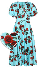 Load image into Gallery viewer, Dolly &amp; Dotty Julia Red Rose Print Dress Turquoise