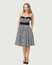 Load image into Gallery viewer, Striped Fit &amp; Flare Collared Dress Black &amp; White
