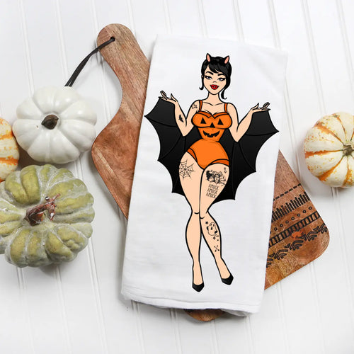 Bat Girl w/Tattoos Halloween Kitchen Towel