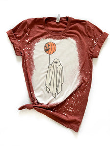 Ghost w/Pumpkin Balloon Cute Halloween Bleached Graphic Tee Rust