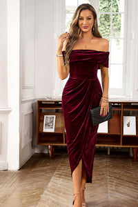 Velvet Off The Shoulder Ruched Fit Dress Wine Red