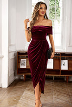 Load image into Gallery viewer, Velvet Off The Shoulder Ruched Fit Dress Wine Red