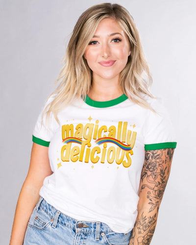 Magically Delicious Ringer Graphic Tee White/Green