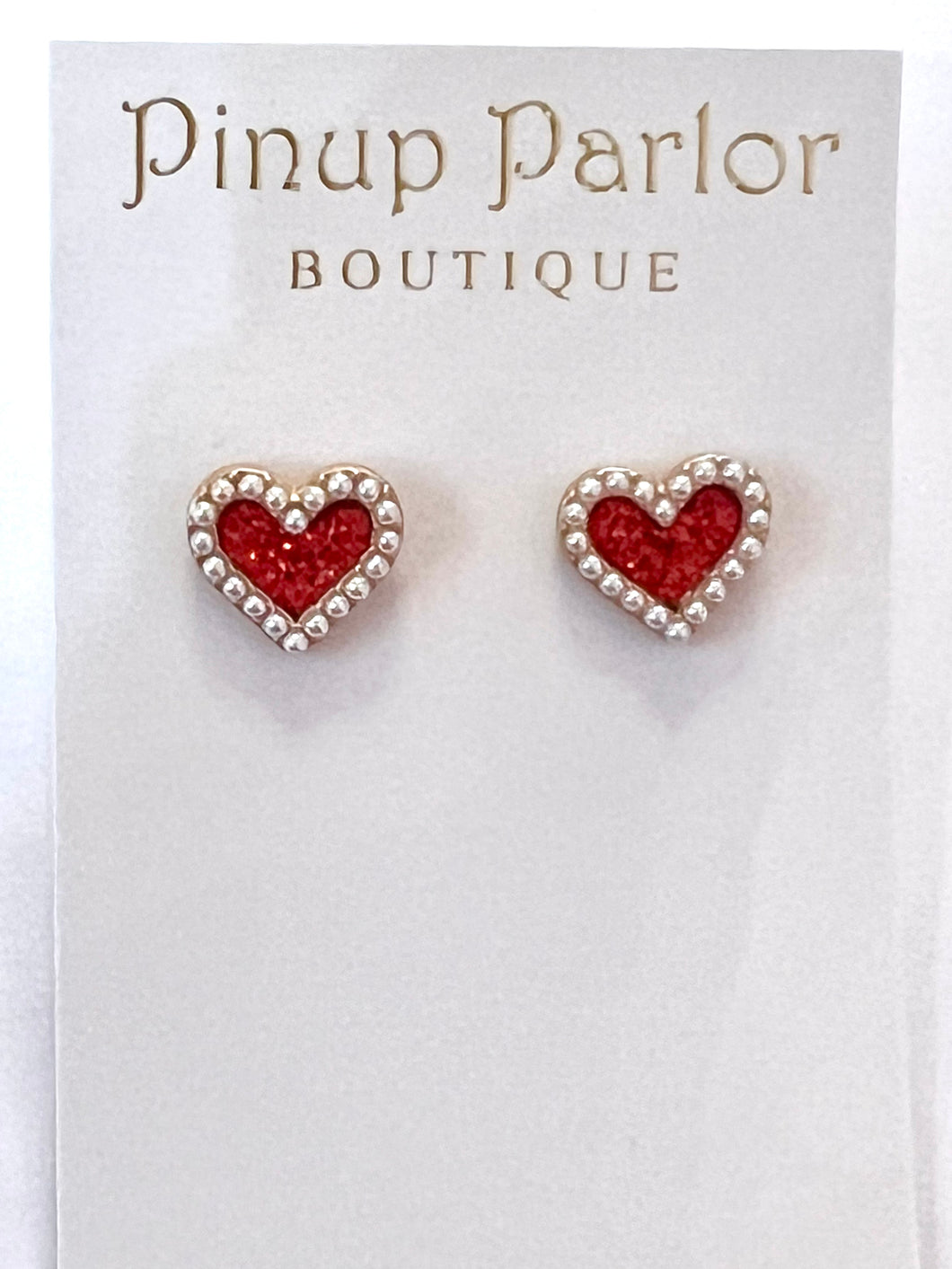 Glitter & Pearl Heart Stud Earrings Red