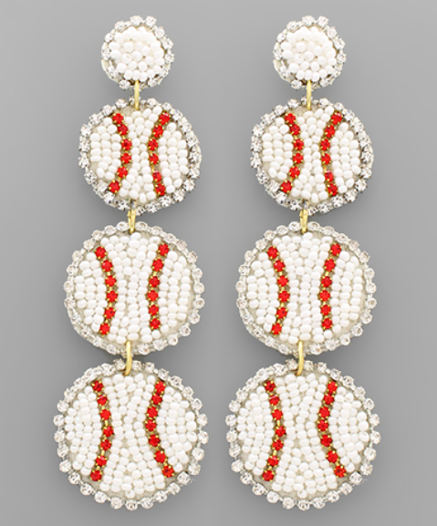 Baseball Gameday 3 Tier Seed Bead Beaded Bling Earrings Red/White