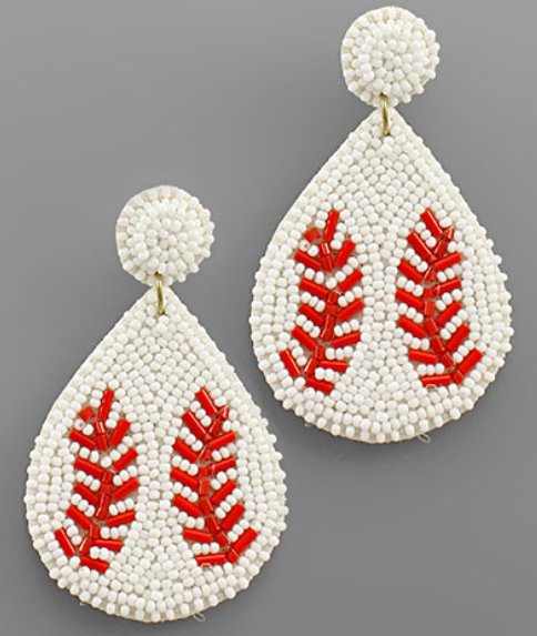 Baseball Gameday Seed Bead Beaded Earrings Red/White