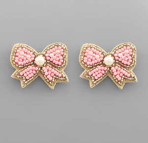 Bow Seed Bead Beaded Stud Earrings Light Pink