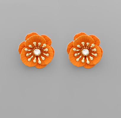 Color Coat Bling Flower Stud Earrings Orange