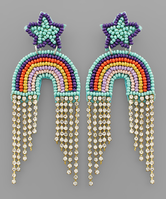 Crystal Fringe Beaded Rainbow Star Earrings Light Blue/Purple