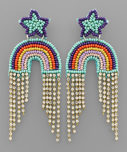 Crystal Fringe Beaded Rainbow Star Earrings Light Blue/Purple