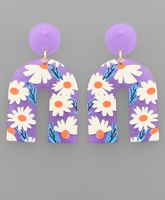 Daisy Print Arch Acrylic Drop Earrings Purple