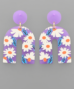 Daisy Print Arch Acrylic Drop Earrings Purple