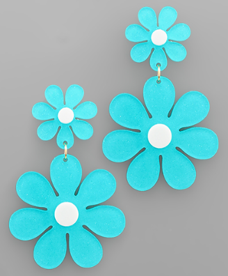 Double Daisy Glitter Acrylic Drop Earrings Turquoise