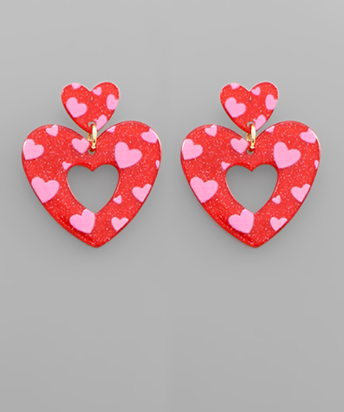Double Heart Acrylic Drop Earrings Pink/Red