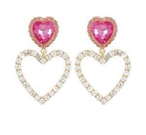 Double Heart Crystal Drop Earrings Pink