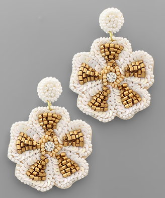 Flower Seed Bead Beaded Earrings Gold/White