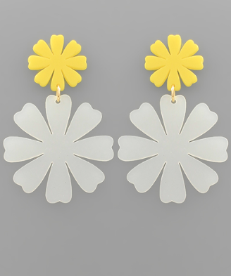 Frosted Double Daisy Acrylic Drop Earrings Clear/Yellow