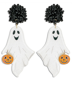 Pom Pom Ghost w/Pumpkin Bucket Seed Bead Earrings Black/White/Orange