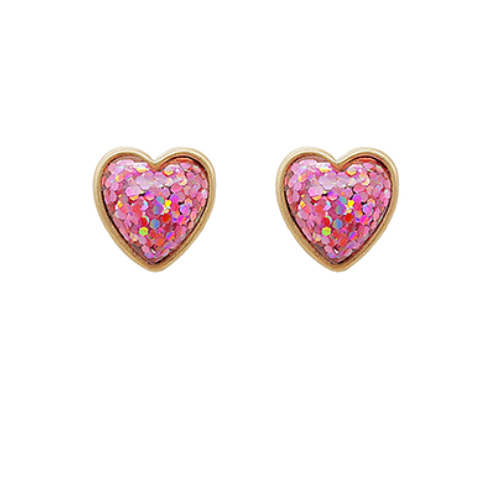 Glitter Heart Stud Earrings Gold/Fuchsia