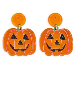 Jack-o-lantern Pumpkin Glittery Acrylic Drop Earrings Orange
